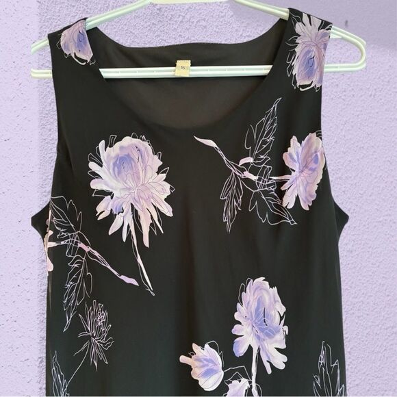 90s vintage black midi dress with large floral print chiffon - Picture 2 of 10